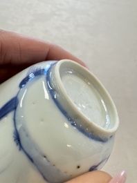 Six Chinese blue and white 'Scholar in a Garden' cups and saucers, Yongzheng