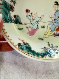 Three sets of Chinese famille rose 'Elegant Beauty and Boy' cups and saucers, Qianlong
