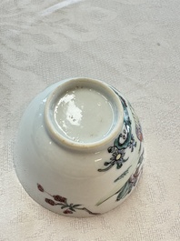 Three sets of Chinese famille rose 'Elegant Beauty and Boy' cups and saucers, Qianlong