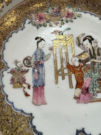 A fine Chinese Canton famille rose gilt-decorated cup and saucer with figural design, Yongzheng/Qianlong