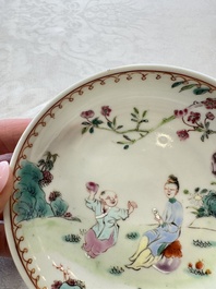 Three sets of Chinese famille rose 'Elegant Beauty and Boy' cups and saucers, Qianlong