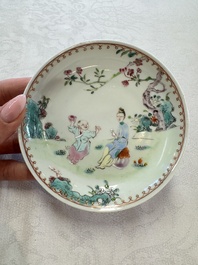 Three sets of Chinese famille rose 'Elegant Beauty and Boy' cups and saucers, Qianlong