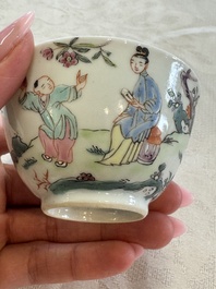 Three sets of Chinese famille rose 'Elegant Beauty and Boy' cups and saucers, Qianlong