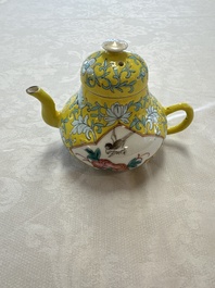 Three Chinese famille rose blue- and yellow-ground teapots and covers for the Straits or Peranakan market, Tongzhi marks, 19th C.