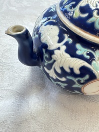 Three Chinese famille rose blue- and yellow-ground teapots and covers for the Straits or Peranakan market, Tongzhi marks, 19th C.