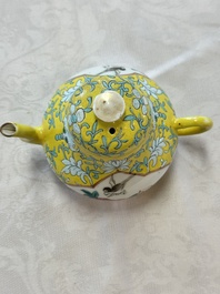 Three Chinese famille rose blue- and yellow-ground teapots and covers for the Straits or Peranakan market, Tongzhi marks, 19th C.