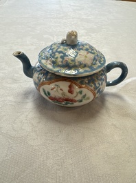 Three Chinese famille rose blue- and yellow-ground teapots and covers for the Straits or Peranakan market, Tongzhi marks, 19th C.