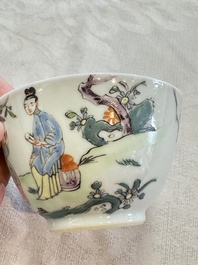 Three sets of Chinese famille rose 'Elegant Beauty and Boy' cups and saucers, Qianlong