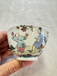 Three sets of Chinese famille rose 'Elegant Beauty and Boy' cups and saucers, Qianlong