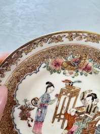 A fine Chinese Canton famille rose gilt-decorated cup and saucer with figural design, Yongzheng/Qianlong