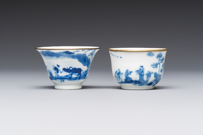 Four Chinese blue and white 'Bleu de Hue' cups and two bowls, various marks, 19th C.
