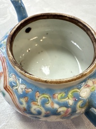 Three Chinese famille rose blue- and yellow-ground teapots and covers for the Straits or Peranakan market, Tongzhi marks, 19th C.