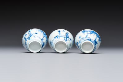 Six Chinese blue and white 'Scholar in a Garden' cups and saucers, Yongzheng