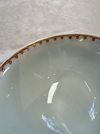 Three sets of Chinese famille rose 'Elegant Beauty and Boy' cups and saucers, Qianlong
