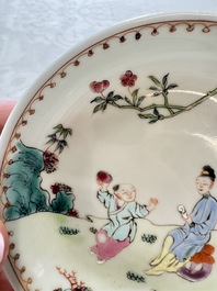 Three sets of Chinese famille rose 'Elegant Beauty and Boy' cups and saucers, Qianlong