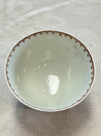 Three sets of Chinese famille rose 'Elegant Beauty and Boy' cups and saucers, Qianlong