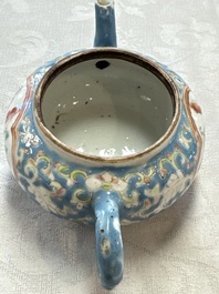 Three Chinese famille rose blue- and yellow-ground teapots and covers for the Straits or Peranakan market, Tongzhi marks, 19th C.