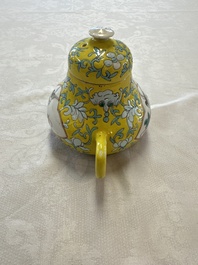 Three Chinese famille rose blue- and yellow-ground teapots and covers for the Straits or Peranakan market, Tongzhi marks, 19th C.