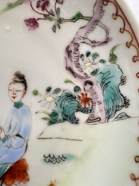 Three sets of Chinese famille rose 'Elegant Beauty and Boy' cups and saucers, Qianlong