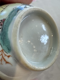 Three sets of Chinese famille rose 'Elegant Beauty and Boy' cups and saucers, Qianlong