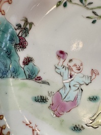 Three sets of Chinese famille rose 'Elegant Beauty and Boy' cups and saucers, Qianlong