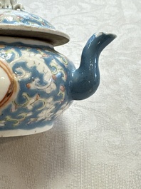 Three Chinese famille rose blue- and yellow-ground teapots and covers for the Straits or Peranakan market, Tongzhi marks, 19th C.