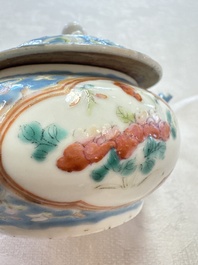 Three Chinese famille rose blue- and yellow-ground teapots and covers for the Straits or Peranakan market, Tongzhi marks, 19th C.
