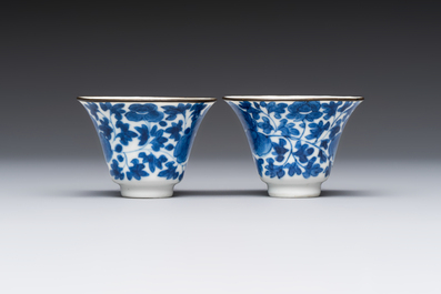 Four Chinese blue and white 'Bleu de Hue' cups and two bowls, various marks, 19th C.