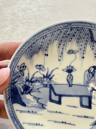 Six Chinese blue and white 'Scholar in a Garden' cups and saucers, Yongzheng