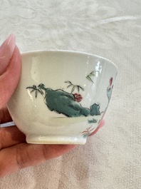 Three sets of Chinese famille rose 'Elegant Beauty and Boy' cups and saucers, Qianlong