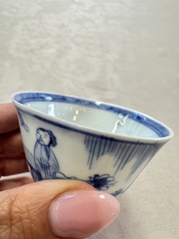 Six Chinese blue and white 'Scholar in a Garden' cups and saucers, Yongzheng