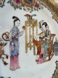 A fine Chinese Canton famille rose gilt-decorated cup and saucer with figural design, Yongzheng/Qianlong