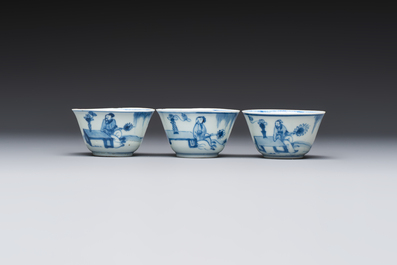 Six Chinese blue and white 'Scholar in a Garden' cups and saucers, Yongzheng