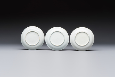 Six Chinese blue and white 'Scholar in a Garden' cups and saucers, Yongzheng