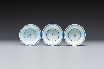 Six Chinese blue and white 'Scholar in a Garden' cups and saucers, Yongzheng