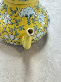 Three Chinese famille rose blue- and yellow-ground teapots and covers for the Straits or Peranakan market, Tongzhi marks, 19th C.