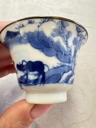 Four Chinese blue and white 'Bleu de Hue' cups and two bowls, various marks, 19th C.