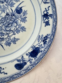 Six Chinese blue and white plates, a dish and a large tile, Yongzheng/Qianlong