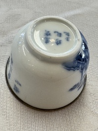 Four Chinese blue and white 'Bleu de Hue' cups and two bowls, various marks, 19th C.