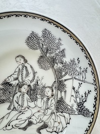 Four Chinese grisaille 'Western subject' cups and nine saucers, Qianlong