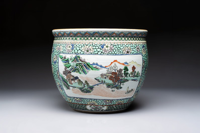 A Chinese famille verte 'Phoenixes and Mountainous Landscape' fish bowl or jardini&egrave;re, 19th C.