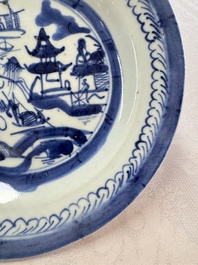 Six Chinese blue and white plates, a dish and a large tile, Yongzheng/Qianlong
