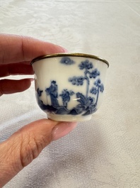 Four Chinese blue and white 'Bleu de Hue' cups and two bowls, various marks, 19th C.