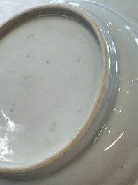 Six Chinese blue and white plates, a dish and a large tile, Yongzheng/Qianlong