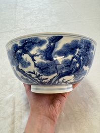 A Chinese blue and white bowl with scholars among cranes and deer, Kangxi mark and of the period