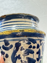 A pair of polychrome Italian maiolica armorial albarelli, Trapani, ca. 1600