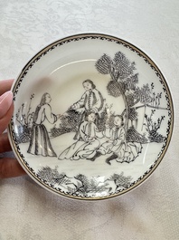 Four Chinese grisaille 'Western subject' cups and nine saucers, Qianlong