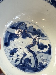 A Chinese blue and white bowl with scholars among cranes and deer, Kangxi mark and of the period