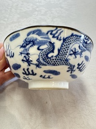 Four Chinese blue and white 'Bleu de Hue' cups and two bowls, various marks, 19th C.
