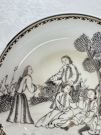 Four Chinese grisaille 'Western subject' cups and nine saucers, Qianlong
